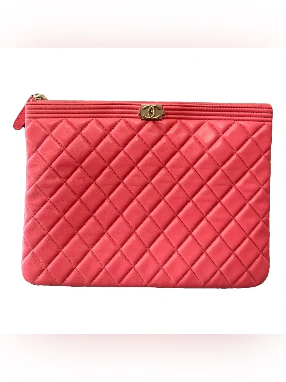 Rare Chanel Boy Quilted Lambskin Clutch in Coral
